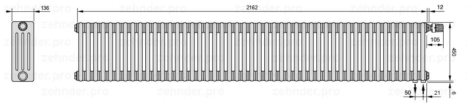 Схема (чертеж) Радиатор Zehnder Charleston 4045/47 №V002 Белый глянцевый RAL 9016